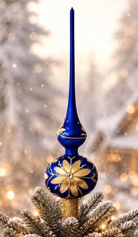JULETRÆSTOP. Glas juletræstop spir i mat kongeblå med guld blomster
