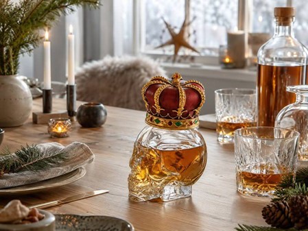 Glaskranie med en kongekrone. Lille dekorativ lommeflaske, karaffel