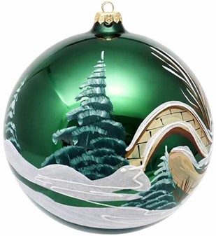 Fantastiske glas julekugle i funklende grøn med vintermotiv. Ø 20 cm