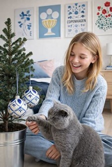 Glas juletræskugle i porcelænhvid med et blåt mønster. Ø 8 cm. 6 stk
