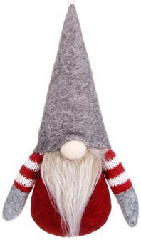 Juledekoration. Sjov gnome hængende i rød jakke og grå hue, H 20 cm