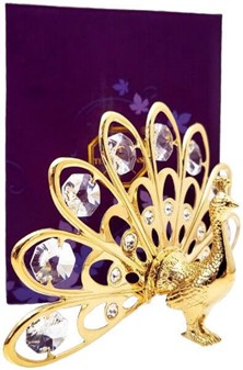 FØDSELSDAGSGAVE HENDE. Påfugl, forgyldt figur med Swarovski krystaller