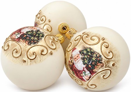 Nostalgisk julepynt: Hvide julekugler med julemand. Ø 8 cm, 6 stk