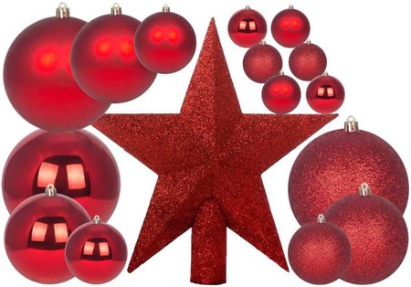 Plast julekugler i rød. Sæt 52 dekorative juletræskugler med stjerne
