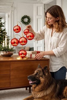 Gennemsigtig rød glas julekugle blank med gyldent træ, Ø 8 cm 6 stk