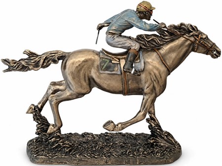 HESTEFIGUR. Imporedende bronzefigur Jockey på hest. Gave til rytter