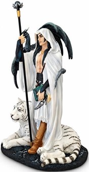 DEKORATION TIL STUEN. Polyresin figur af Troldmand med hvid tiger