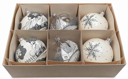 Julekugler med motiv. Sølv hytter på gennemsigtigt glas, Ø 10 cm 6 stk