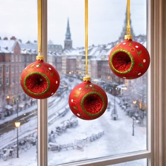 Julekugle med reflektor, mat karmin med grøn glitter, Ø 8 cm 6 stk