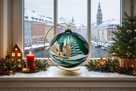 Fantastiske glas julekugle i funklende grøn med vintermotiv. Ø 20 cm