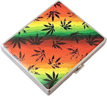 Cigaret etui metal med levende Rasta farver og cannabis blade