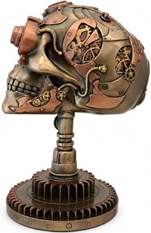 FIGURER STEAMPUNK. Unik bronzefigur af kranium på kædehjul stativ