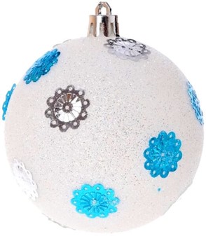 Hvidt glimmret 3 julekugler kunstig med blå og sølv pailletter.  Ø 8cm