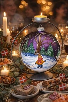Violet stor julekugle mat med snemand og vinterlandskab. Ø 15 cm