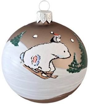 Sjove julekugler i mørkegrå med en hvid bjørn på kælk. Ø 8 cm, 6 stk