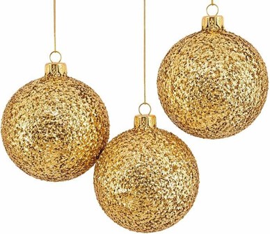 Billige, polske glas julekugler i gylden glitter. Ø 8 cm, 6 stk