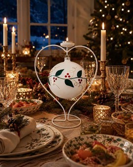 Store julekugler i hvid. Porcelæn blank finish med grøn blade, Ø 15cm