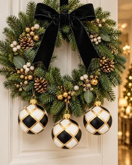 Julens sort-hvide poesi. Håndlavede skakmønstrede glas julekugler