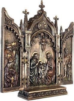 TRIPTYKON. Bronze figur af  Kristi fødsel lille tredelt altertavle
