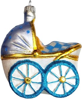 En unik mundblæst glas juletræskugle i form af hvid - blå barnevogn