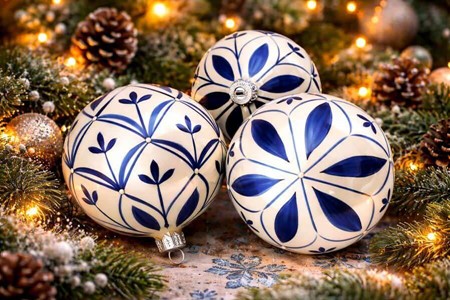 Glas juletræskugle i porcelænhvid med et blåt mønster. Ø 8 cm. 6 stk