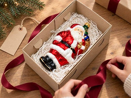 Juletræspynt figurer. Håndlavet glas julemanden med sæk fuld af gaver