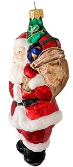 Juletræspynt figurer. Håndlavet glas julemanden med sæk fuld af gaver