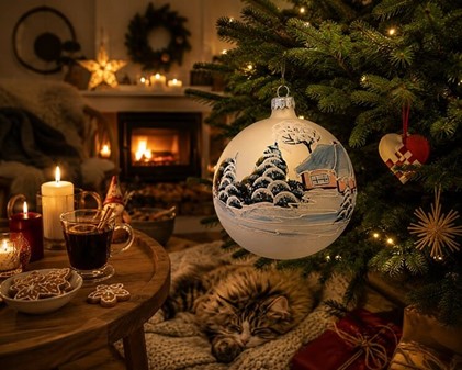 Stor hvid julekugle i glas – unik pynt med vinterlandskab. Ø 15 cm