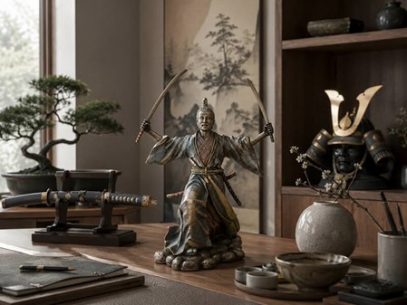SAMURAI FIGUR. Bronze skulptur af japansk kriger med to sværd