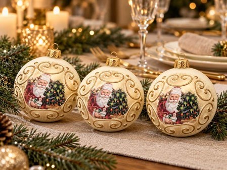 Nostalgisk julepynt: Hvide julekugler med julemand. Ø 8 cm, 6 stk