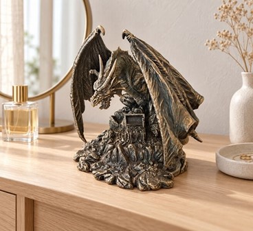 Mytisk Drage og Skat Figur. Beskyt dit rige med skattevogter i bronze