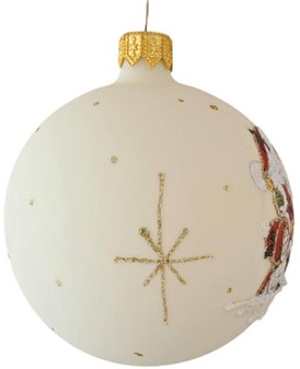 Glas julekugler fra Polen i hvid med flot julemotiv. Ø 8 cm, 6 stk