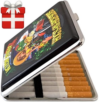 Metal cigaretetui til 20 stk. Farverigt bikerlook til mænd og kvinder