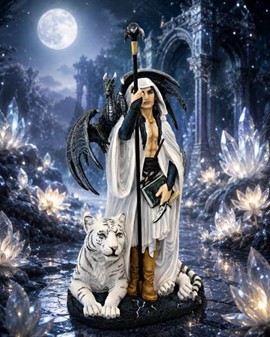 DEKORATION TIL STUEN. Polyresin figur af Troldmand med hvid tiger