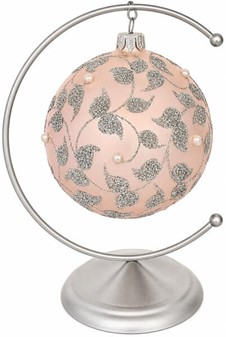 Polske lyserøde glas julekugler med sølv plantemotiver. Ø 10 cm, 6 stk