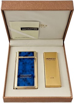 USB Elektrisk Lighter med Dobbelt Lysbue. Guld og Blå Marmor Finish