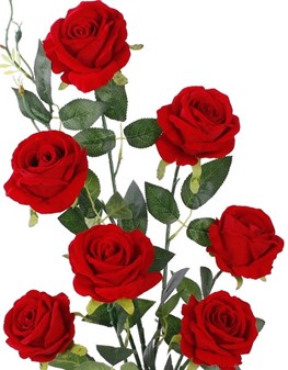 Billig, flot kunstige stilk med 7 fløjl rød roser. H: 77 cm, Ø: 8-9 cm