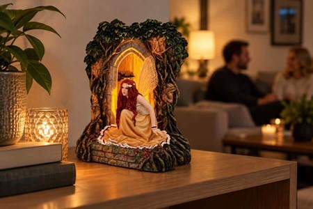 Magisk Fe-Statuette. Polyresin Figur af Smuk Fe ved Lysende Skovdør