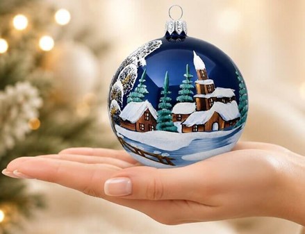 Skinnende, glitrende og smukke blå julekugler med vinterlandskab. 10cm