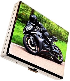 Stilfuldt Metal Cigaretetui med Sort Sportsmotorcykel - Perfekt Gave