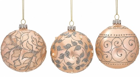 Laksefarvede julekugler med sølvglitter plantemotiver. Ø 10 cm, 6 stk