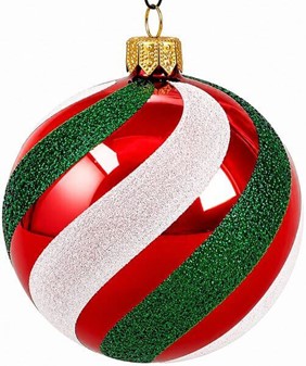 Hvide julekugler fra Polen med røde og grønne striber. Ø 8 cm, 6 stk
