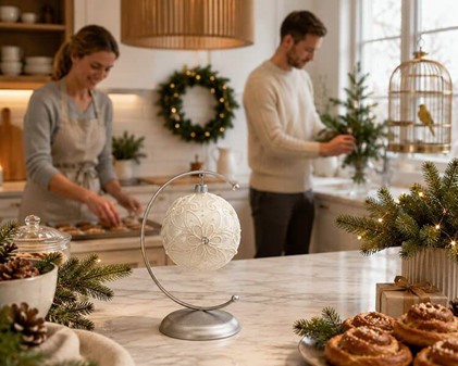 Julepynt butik. Polsk hvid julekugle med hvid dekoration. Ø 10 cm