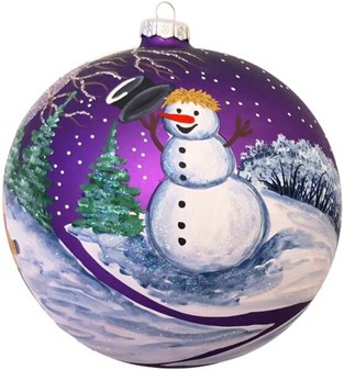 Violet stor julekugle mat med snemand og vinterlandskab. Ø 15 cm