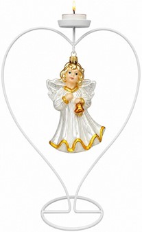 Jule glas figur fra Polen. Sød engel i hvid med klokke. H: 16 cm