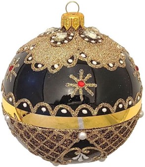 Guld-sort julekugle med hvide perler, røde og hvide krystaller, Ø 10cm