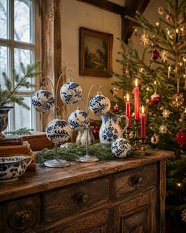 Polske julekugler i porcelænhvid med blå blomstermotiv. Ø 8 cm. 6 stk