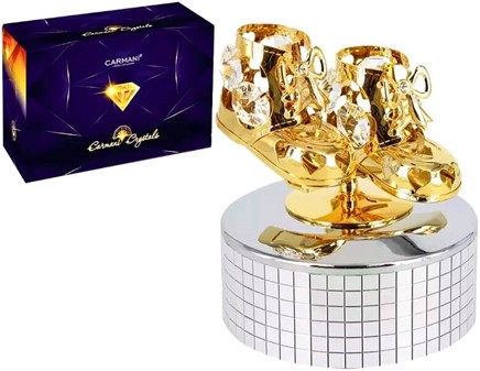 GAVER TIL SØSTER. Flot Swarovski spilledåse med forgyldte små sko