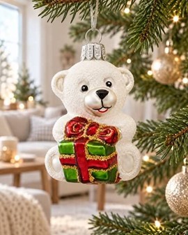 Håndlavet julepynt. Hvid lille bamse til at hænge på juletræet. 7 cm
