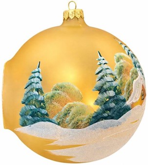 Jule glas lanterne i guld gennemsigtig mat med vinterhytter. Ø 15 cm